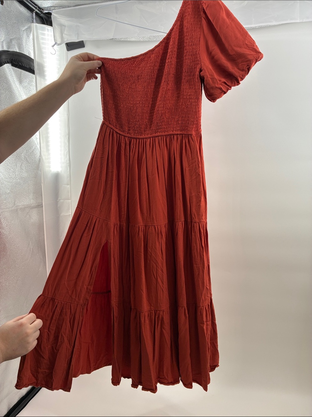 One-Shoulder Tiered Maxi Dress in Rust